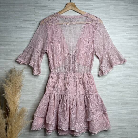 Free People mini dress floral lace cutout ruffled tiered sheer mesh boho Small - Picture 6 of 8